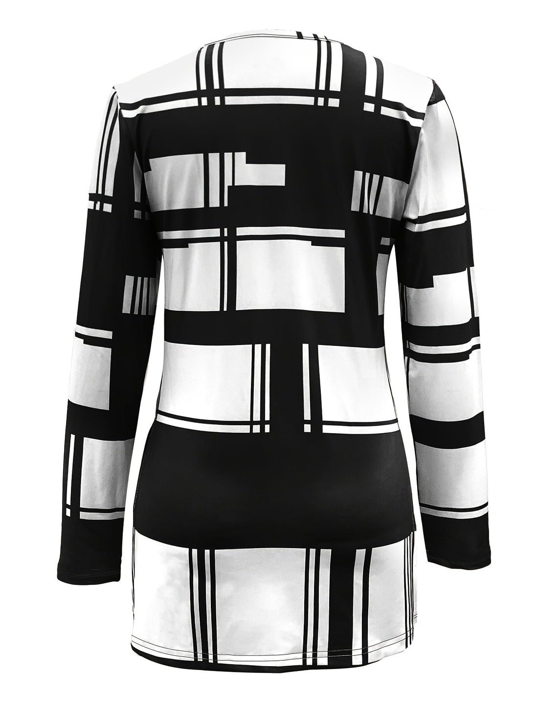 Women's Stylish Black & White Plaid Print Zip-Up Long Sleeve Tee