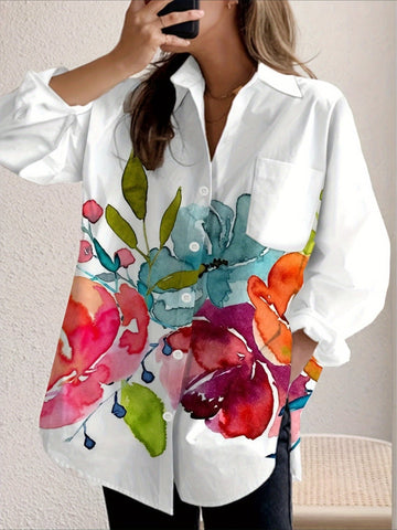 Ink Painting Printed Casual Button-Up Long Sleeve Shirt for Women