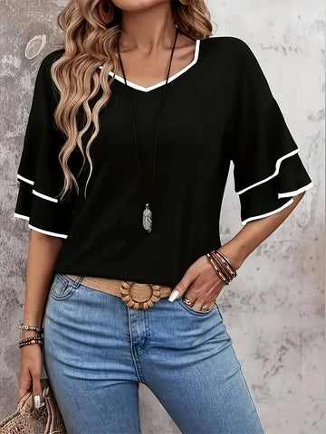 V-Neck Ruffle Sleeves T-Shirt