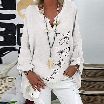 Long Sleeve Floral Print Loose V-Neck Shirt