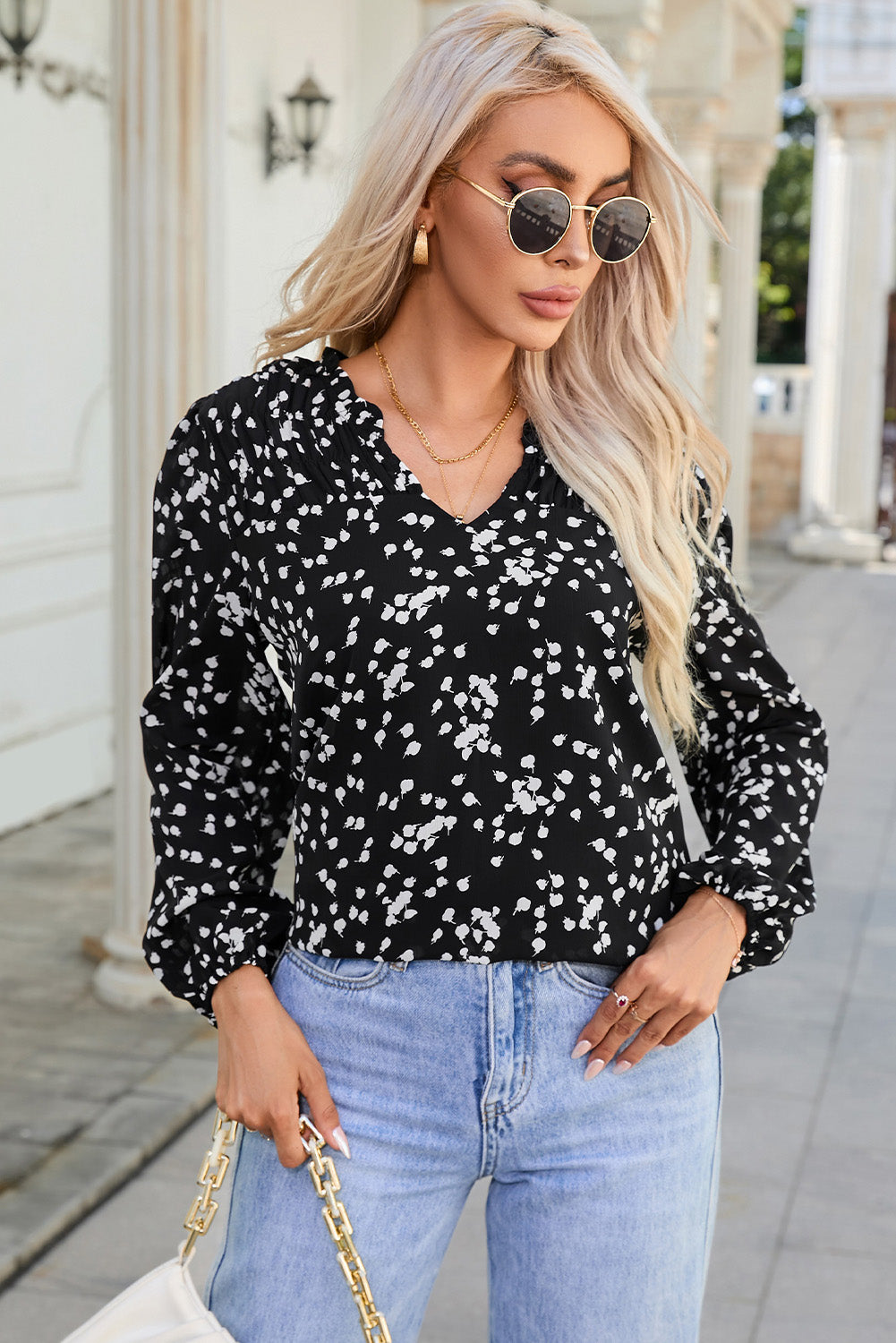 Printed Notched Neck Smocked Blouse