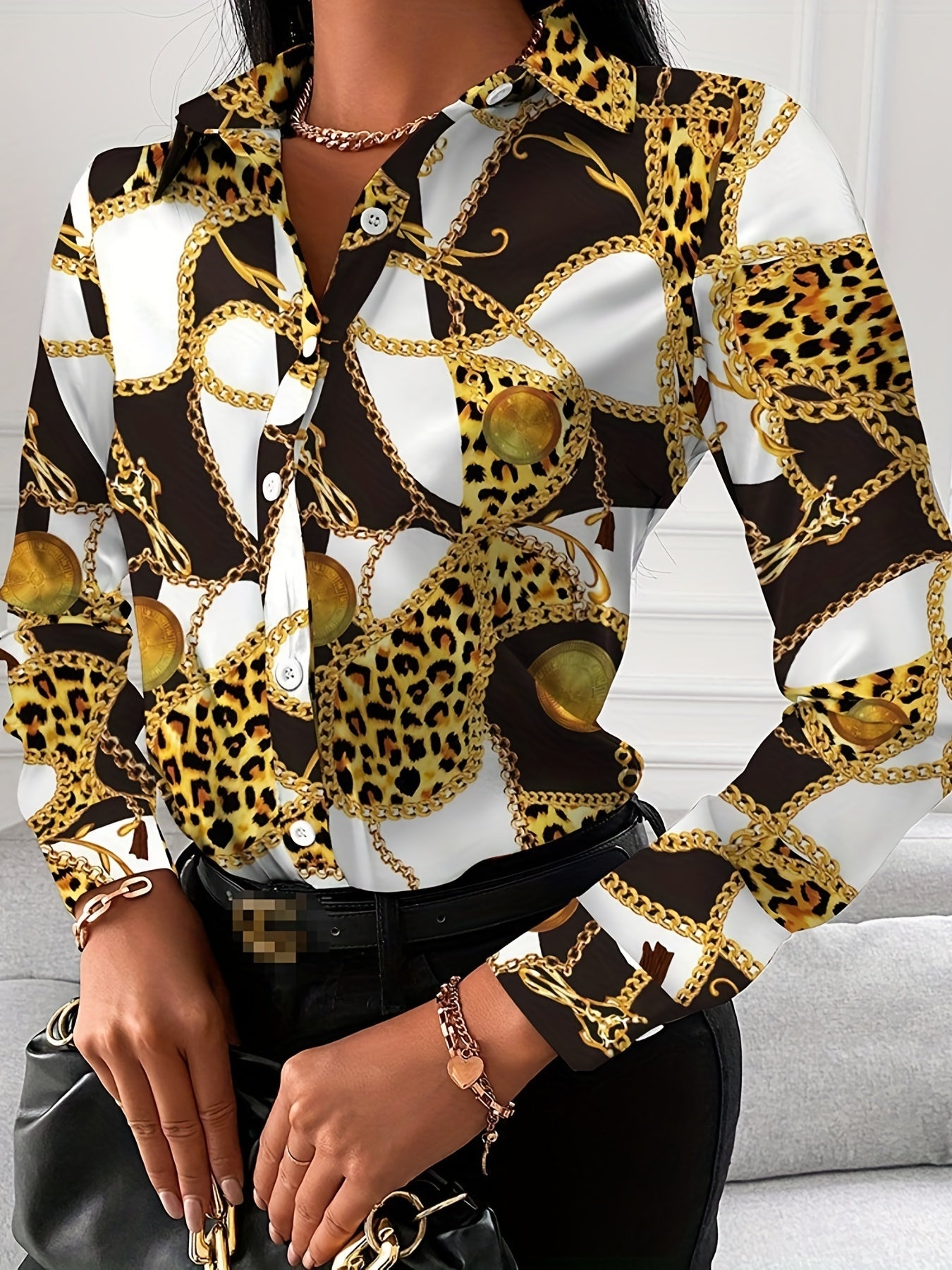 Women's Blouse V-neck Print Button Long Sleeve Loose Fall Blouse