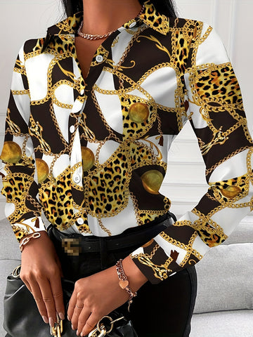 Women's Blouse V-neck Print Button Long Sleeve Loose Fall Blouse