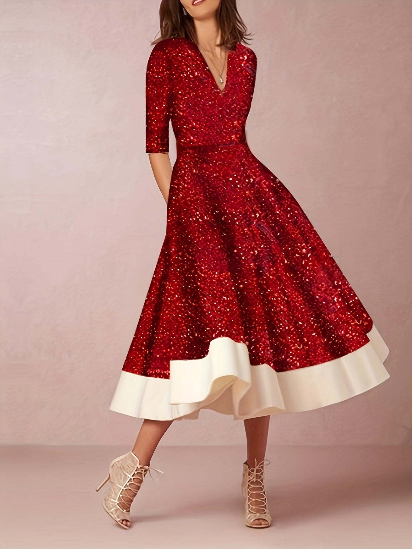 Floral Print Deep V Neck Flared Dress, Elegant Long Sleeve Ruffle Hem Midi Dress