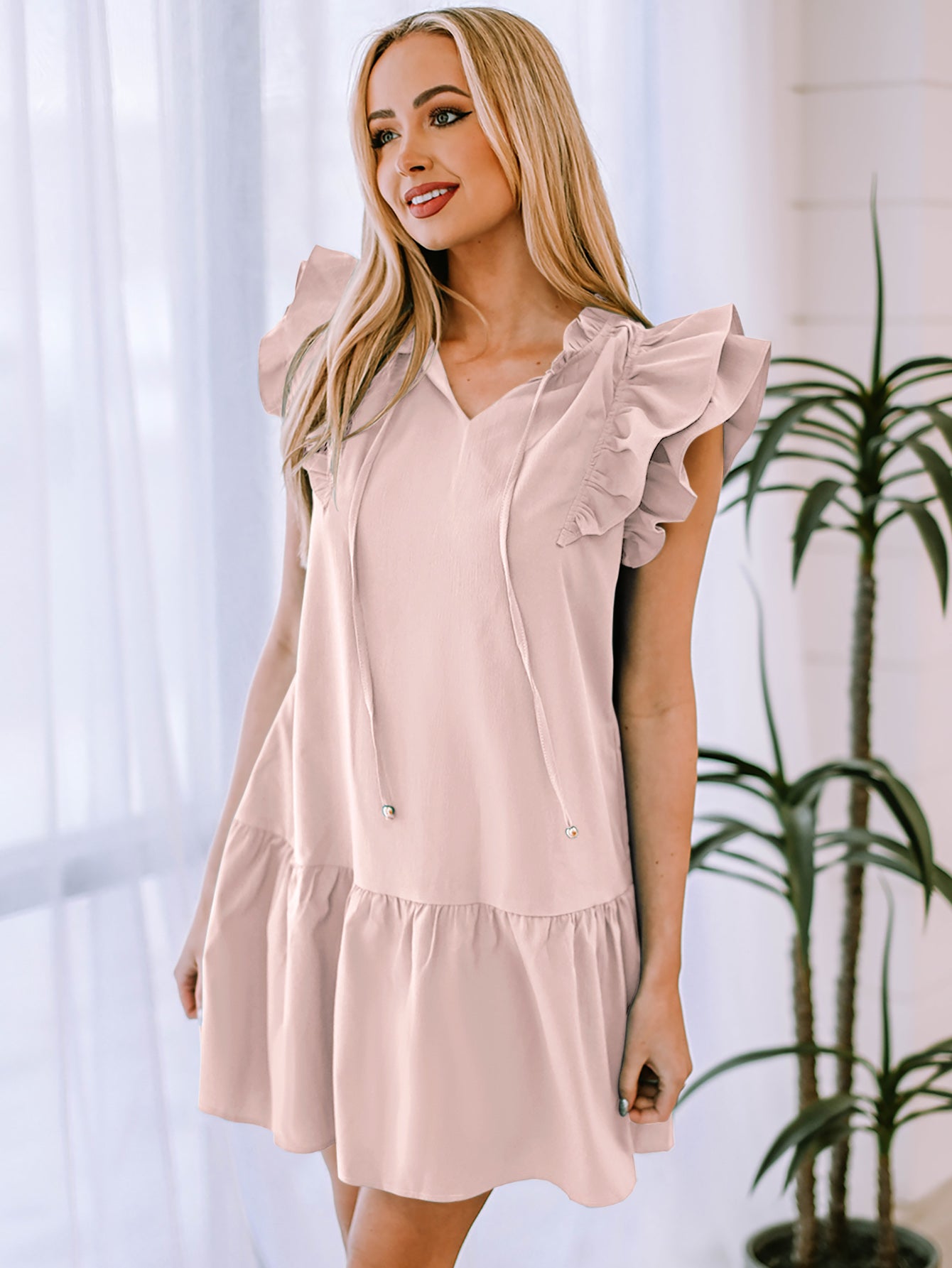 Ruffle Shoulder Tie-Neck Tiered Dress