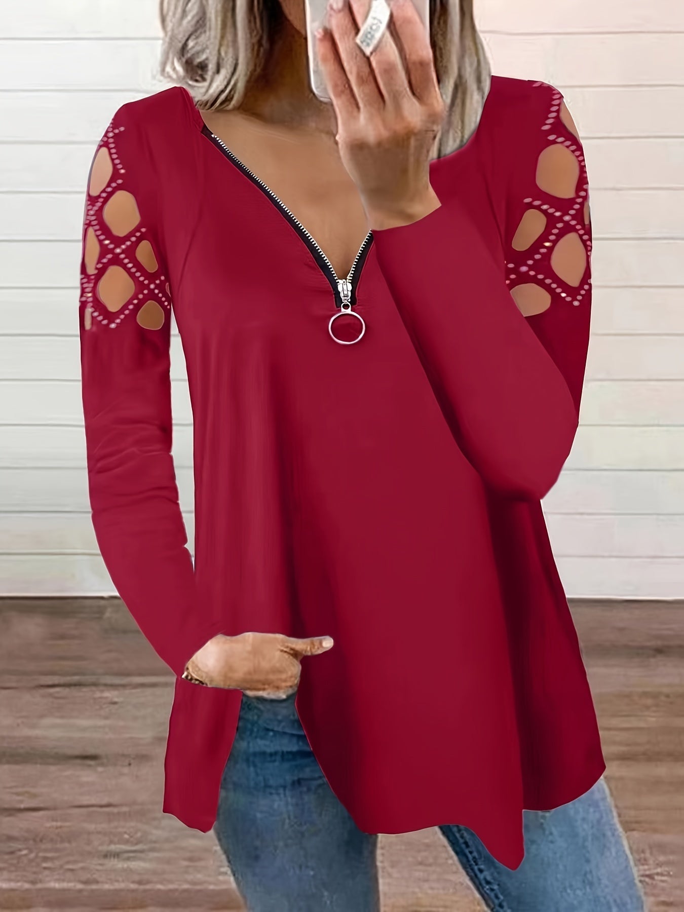 Cutout Zipper Front T-Shirt, Casual V Neck Long Sleeve T-Shirt