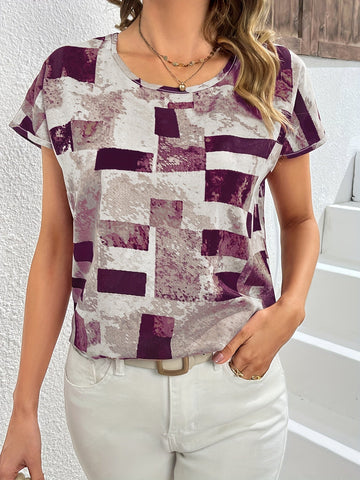 Stylish Geometric Print Blouse - Comfortable Crew Neck Short Sleeve Top
