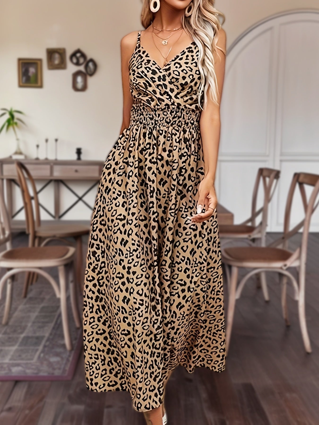 Elegant Sleeveless Shirred Waist Leopard Print V-neck Cami Dress