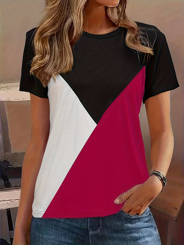 Colorblock Print T-shirt, Casual Short Sleeve Crew Neck T-shirt