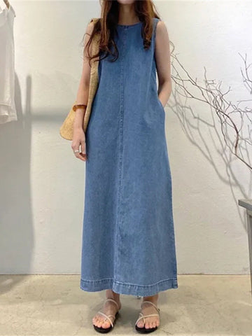 Cross-border foreign trade fashion long dress round neck sleeveless pockets