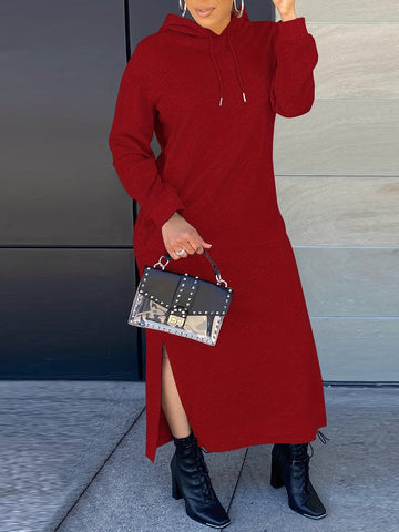 Drawstring Split Dress, Casual Hooded Long Sleeve Maxi Dress
