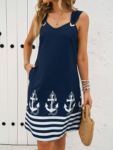 Floral & Striped Print Sleeveless V-Neck Dress