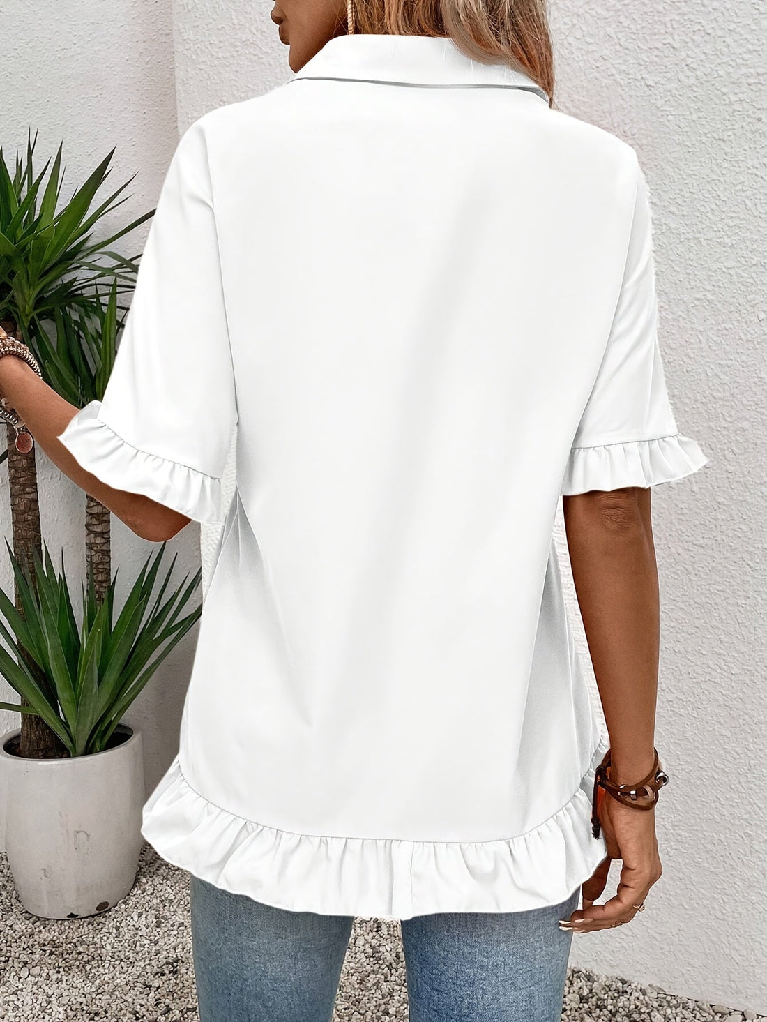 Elegant Solid Color Loose Fit Ruffled Sleeve Blouse