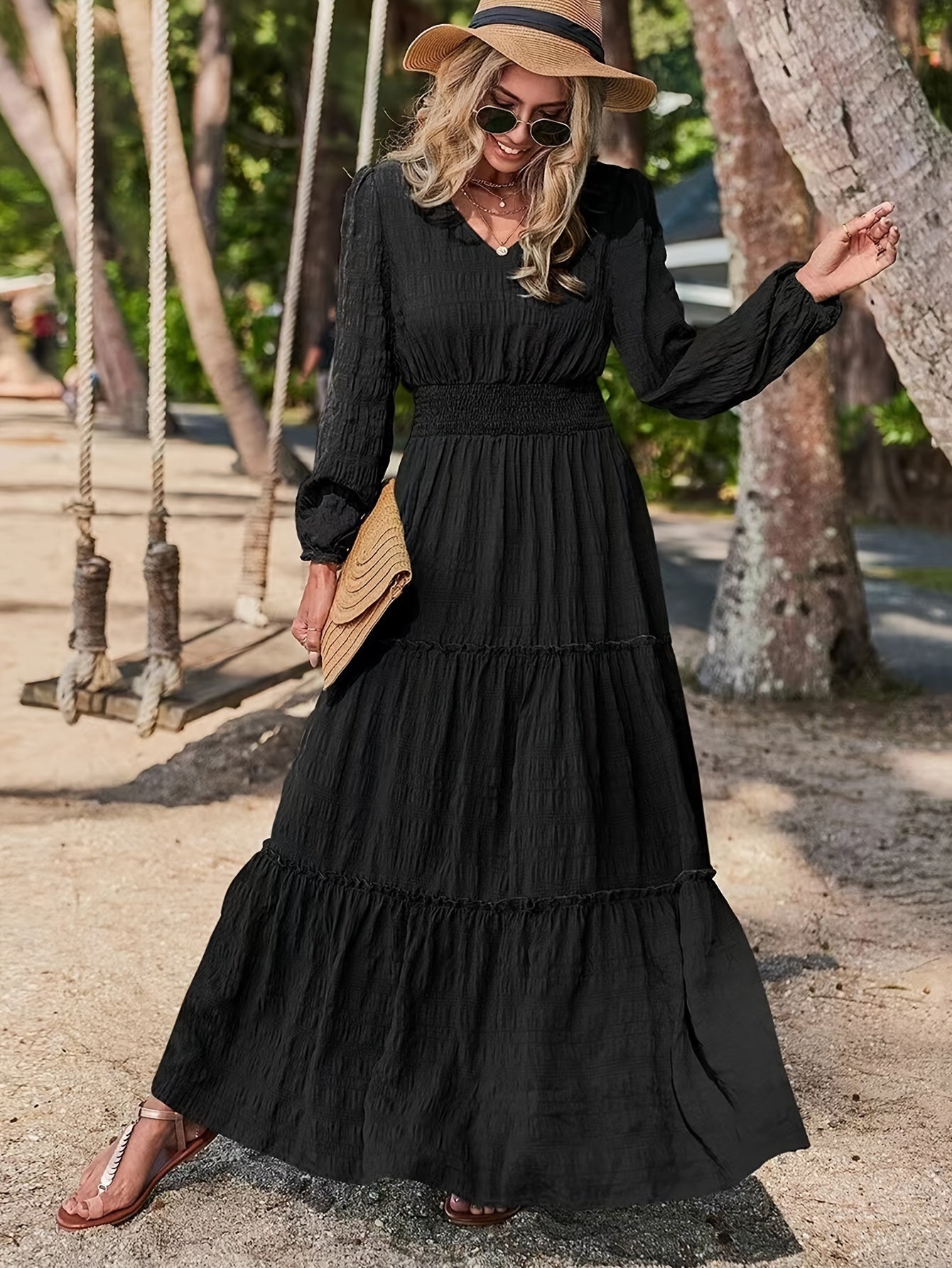 Solid V-neck Textured Maxi Dress, Vacation Style Smocked Long Sleeve Dress