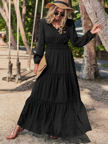 Solid V-neck Textured Maxi Dress, Vacation Style Smocked Long Sleeve Dress