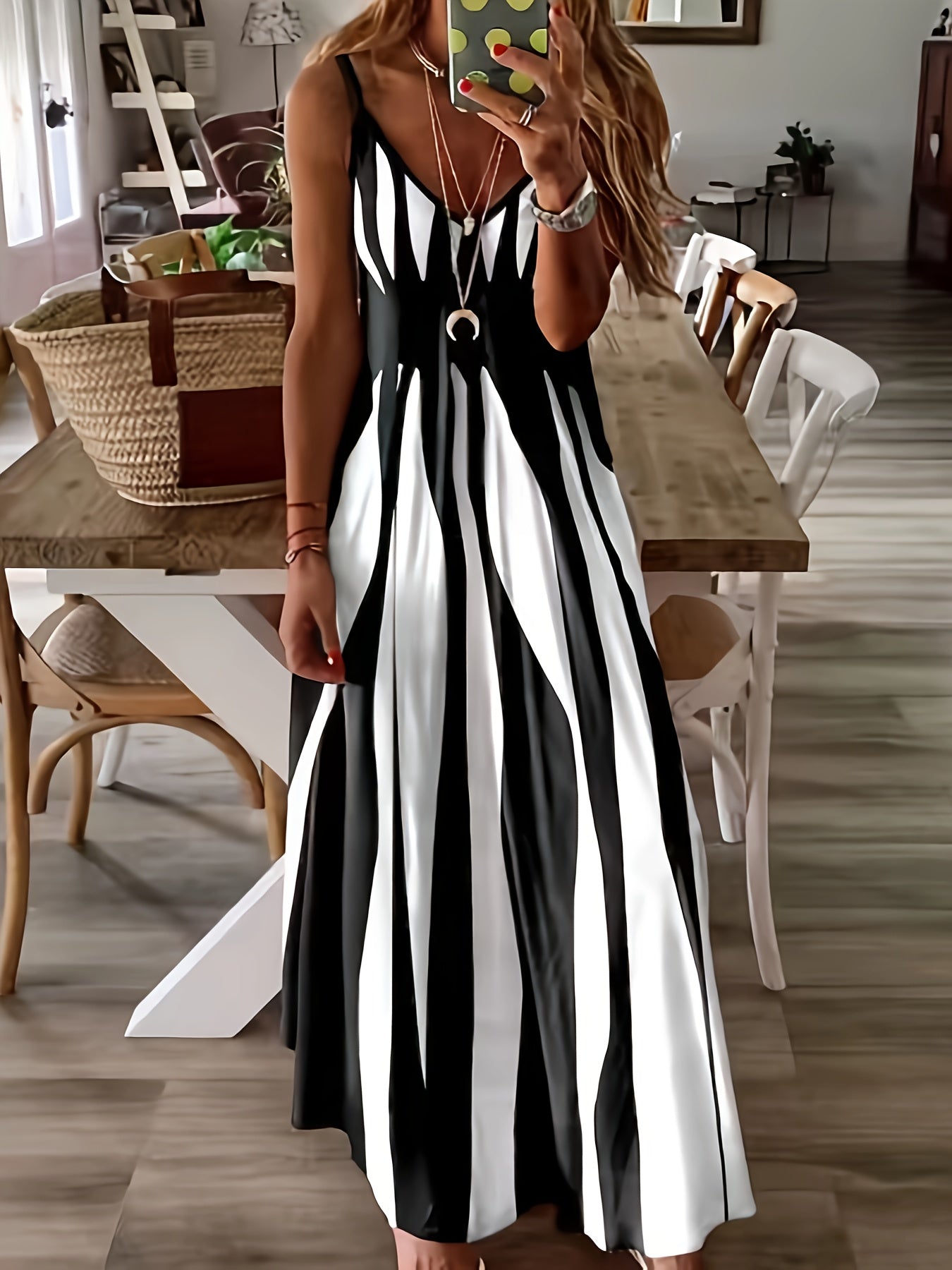 Geo Print V Neck Dress, Casual Spaghetti Strap Sleeveless Dress