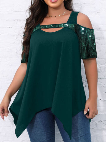 Casual Blouse, Women's Plain Rhinestone Cut Out Cold Shoulder Asymmetrical Hem Blouse