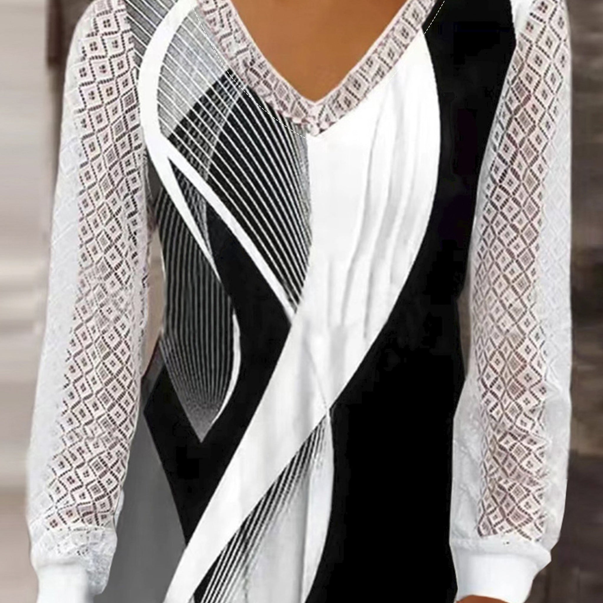 Women's Abstract Stripe Print Contrast Lace Long Sleeve V Neck Top