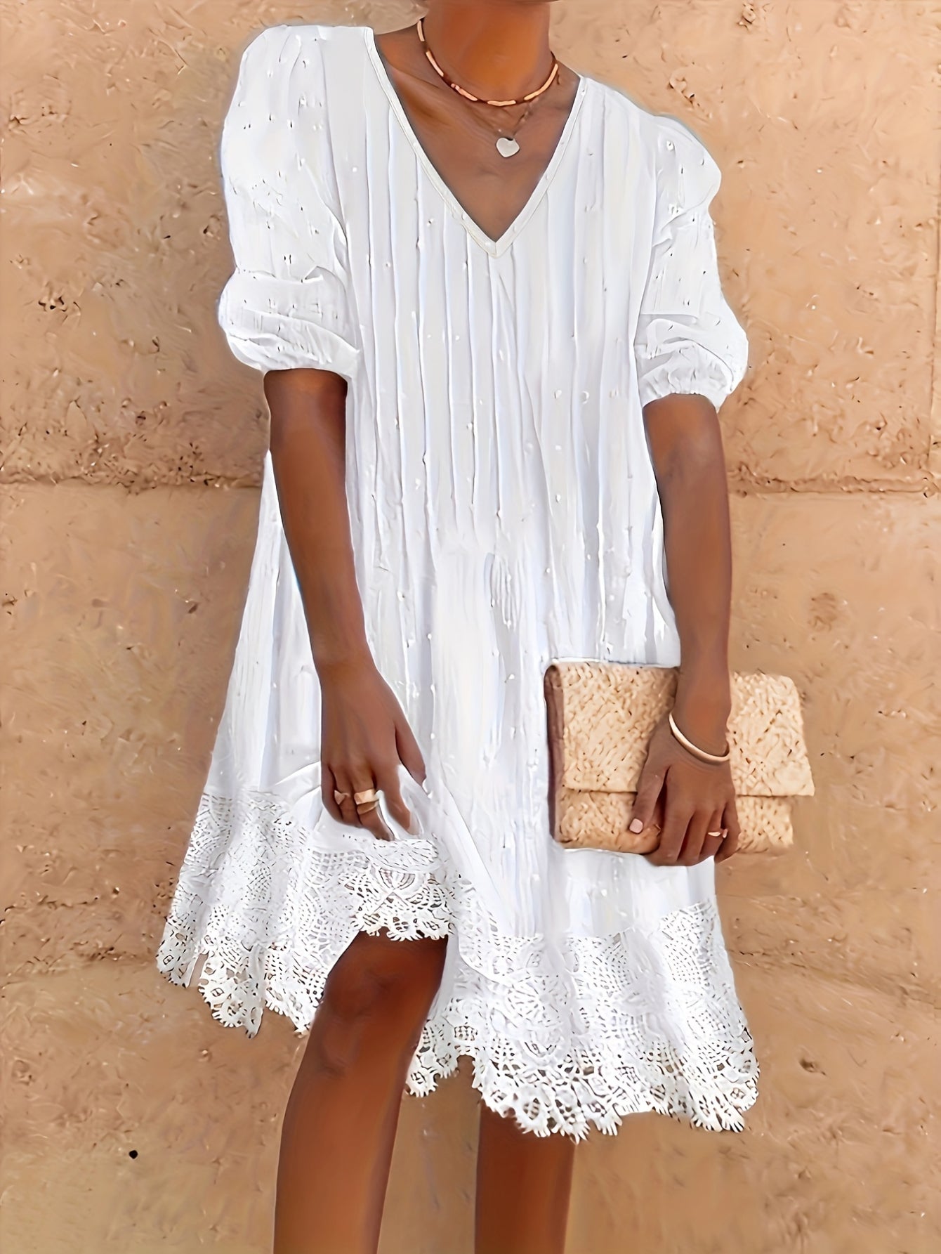 Swiss Dot Dress, Elegant V Neck with Lace Hem