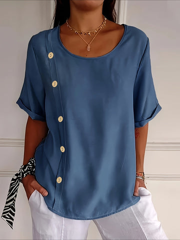 Elegant Solid Color Casual Loose Fit Crew Neck Shirt
