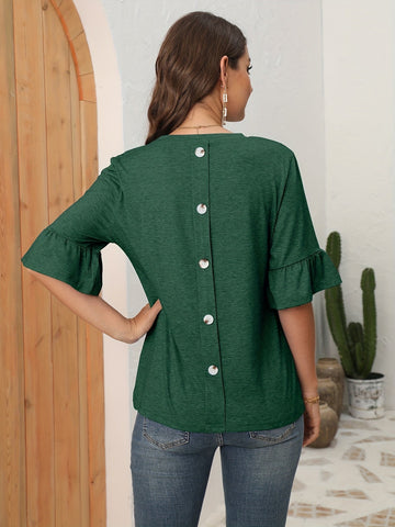 Button Back Solid T-shirt, Casual Crew Neck Half Sleeve T-shirt