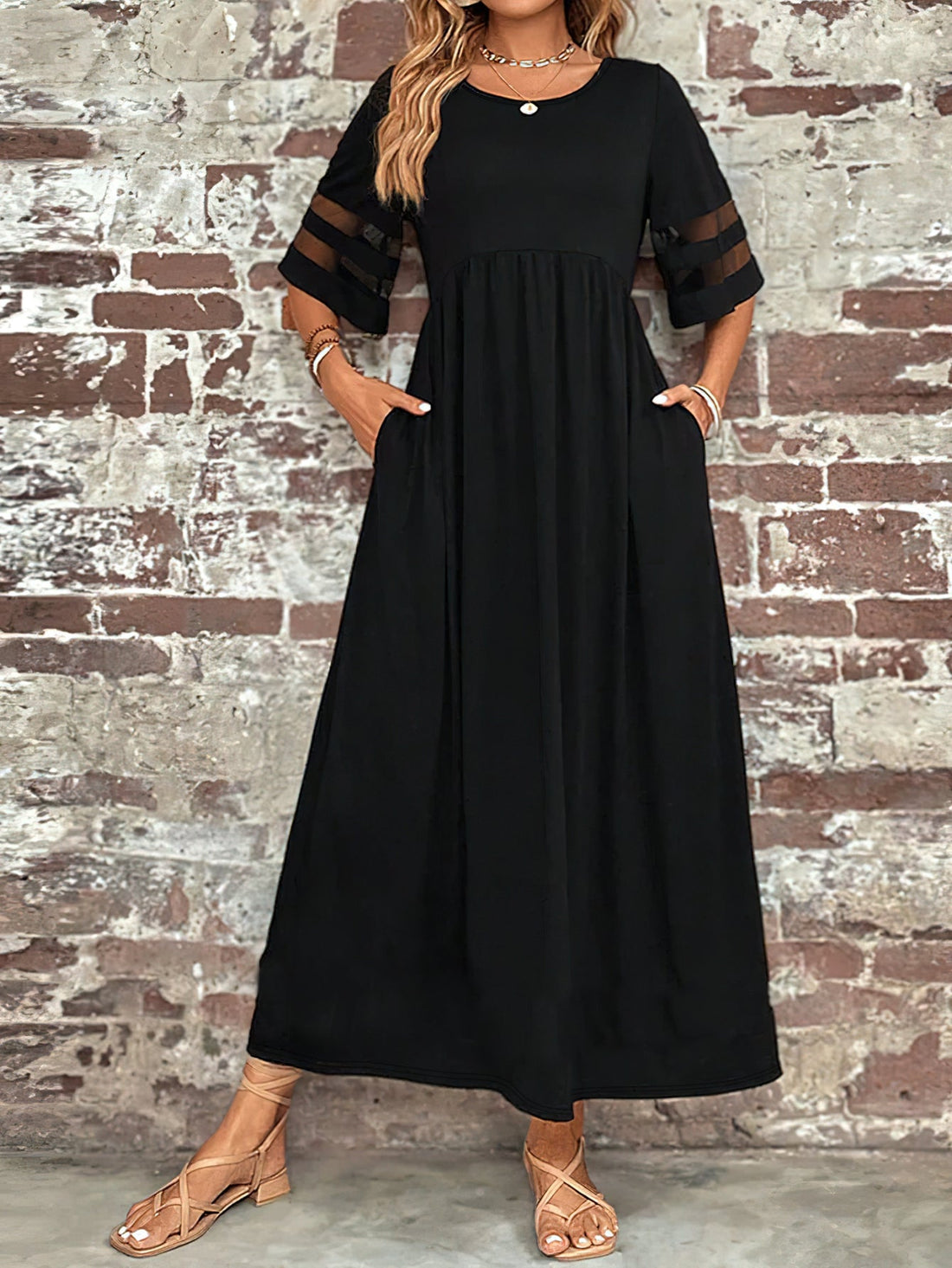 Elegant Crew Neck Solid Color Slimming Mesh Panel Maxi Dress