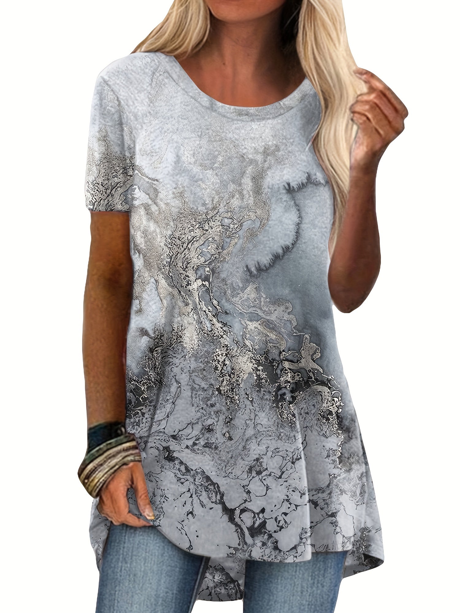 Marble Print Crew Neck T-shirt, Casual Short Sleeve Summer Mid Length T-shirt