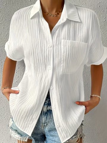 Women's Solid Button Front Casual Lapel Short Sleeve Everyday Shirt