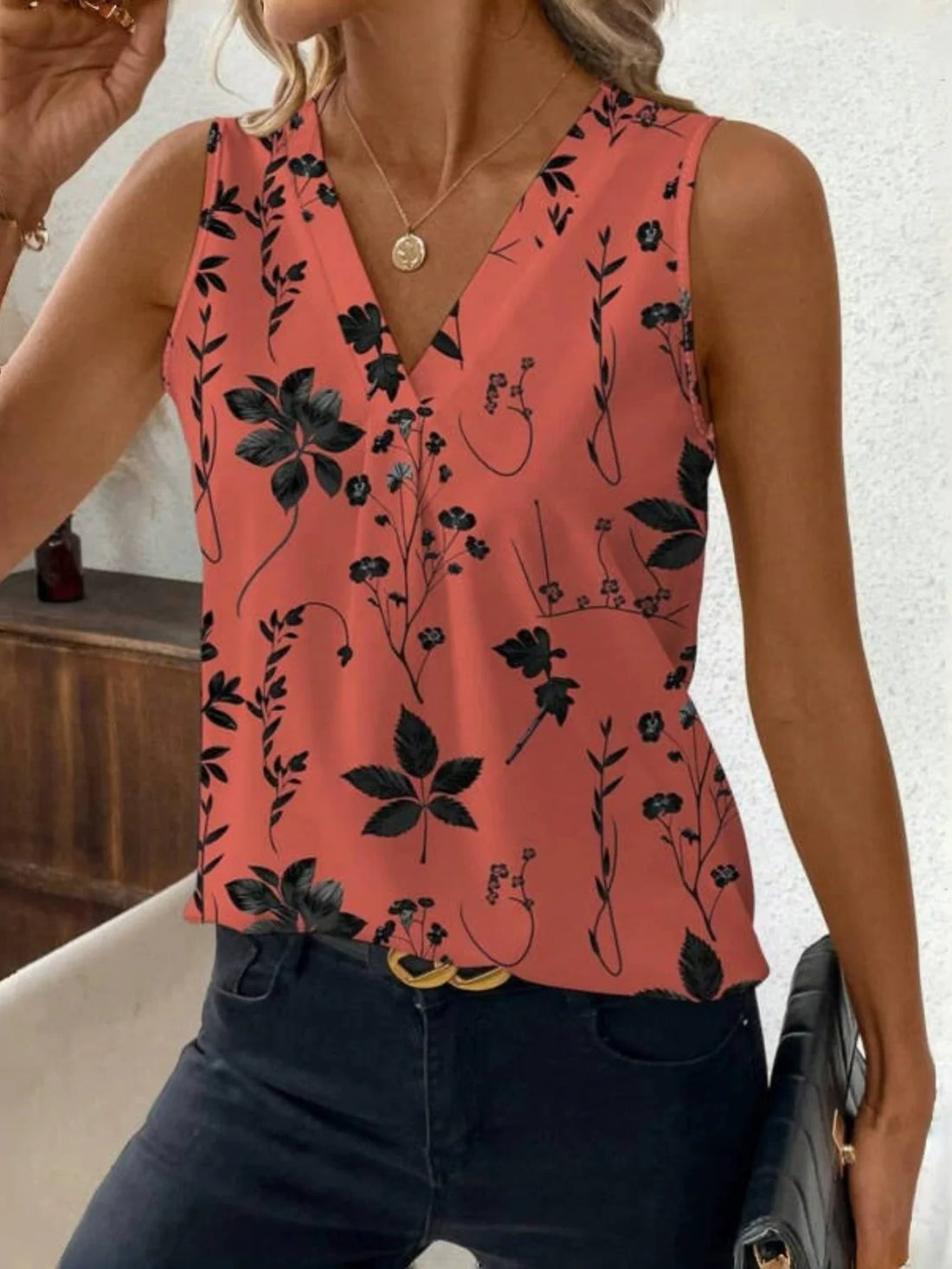 V Neck Elegant Printed Tank Top