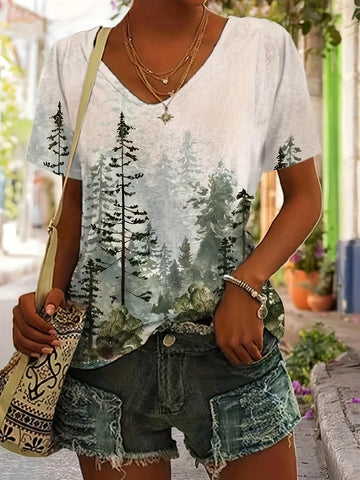 Tree Print V Neck T-Shirt, Casual Short Sleeve Top