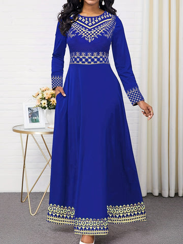 Vintage Print Long Sleeve Elegant Dress, Crew Neck Long Sleeve Dress