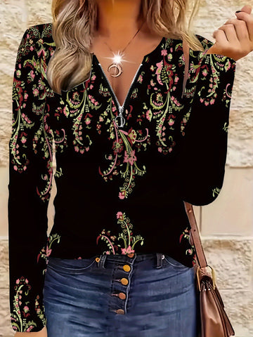 1pc Elegant Floral Pattern Long Sleeve V-Neck Zipper T-Shirt
