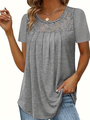 Women's Contrast Lace Ruched T-Shirt - Casual Short Sleeve Top