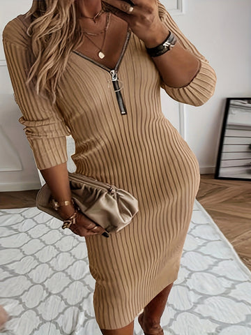 Basic Dress, Women's Solid Ribbed Long Sleeve Zipper V Neck Medium Stretch Bodycon Midi Dress