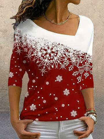 Snowflake Print Slant V Neck T-Shirt, Casual Long Sleeve Top