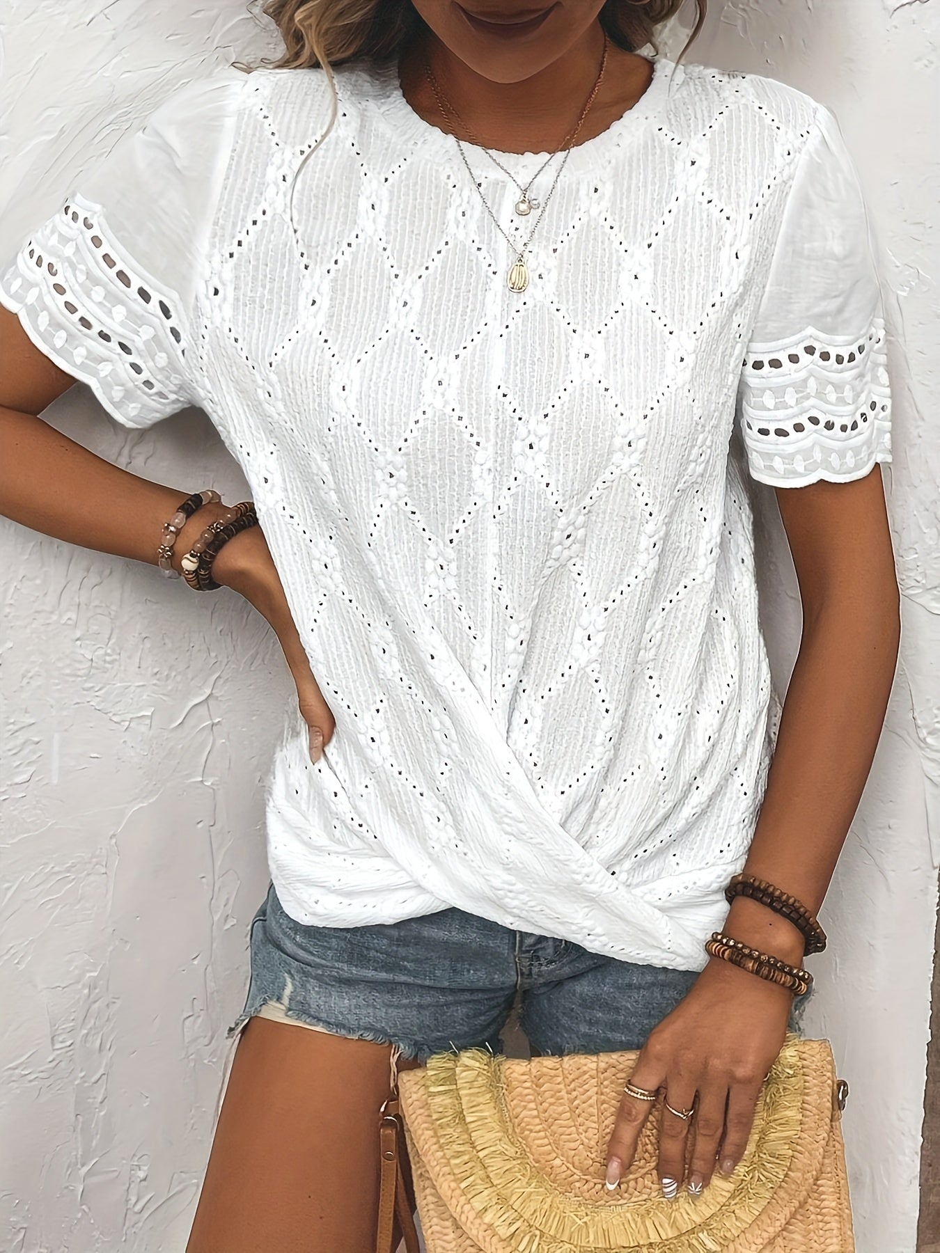 Elegant Lace Embroidered T-Shirt - Intricately Designed Guipure Lace Eyelet, Comfortable Short Sleeves, Classic Crew Neck - Exuding Elegance