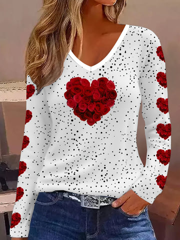 Elegant Heart Pattern V-Neck Long Sleeve T-Shirt
