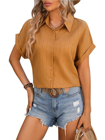 Solid Color Button Front Shirt, Elegant Lapel Neck Short Sleeve Shirt
