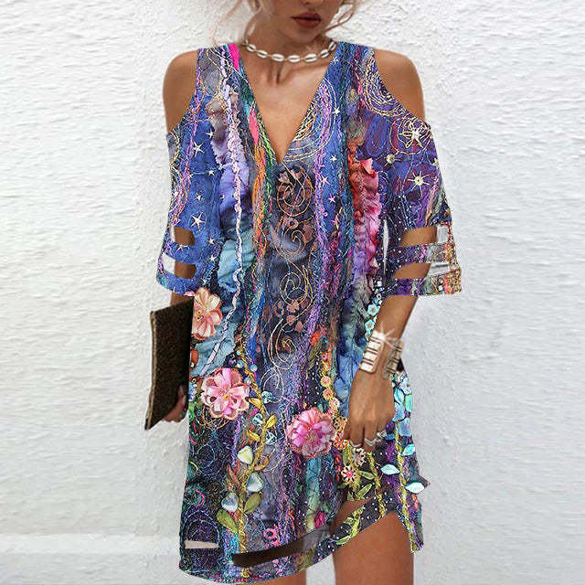 V Neck Loose Floral Print Pullover Half Sleeve Mini Dress