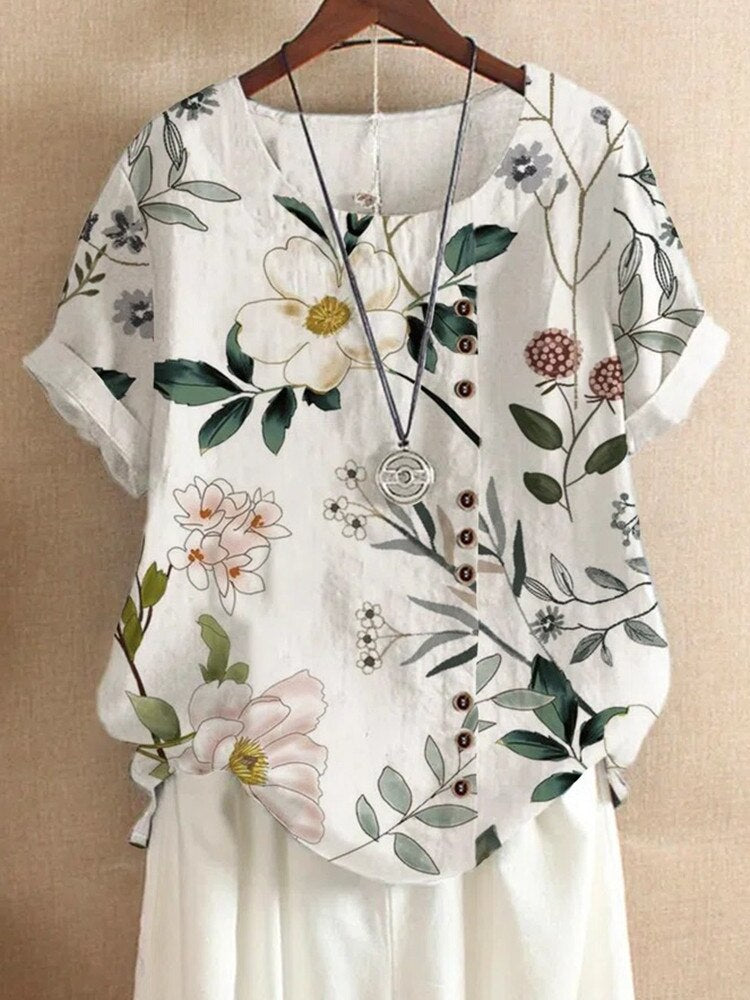 Women Short Sleeve Floral Print O-Neck Casual Loose T-Shirt