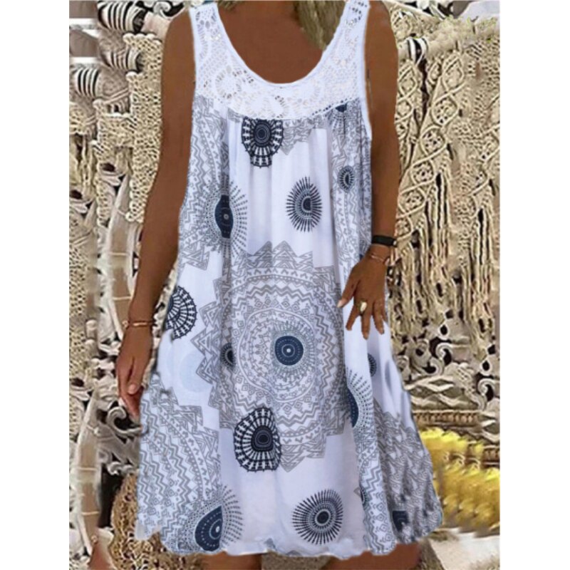 A-Line Vintage Print Loose Pullover Round Neck Casual Lace Panel Midi Dress