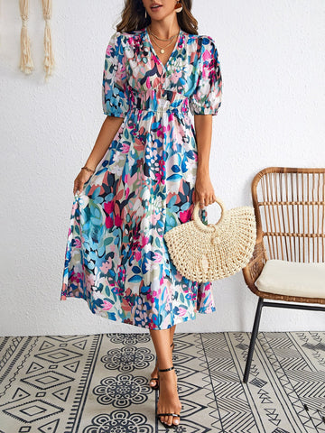 V Neck Short Sleeve Cinched Waist Floral Midi Dress
