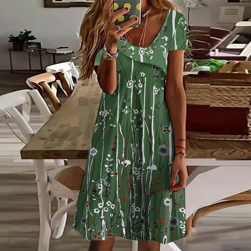 Short Sleeve Printed A Line Mid Waist V-Neck Mini Dress