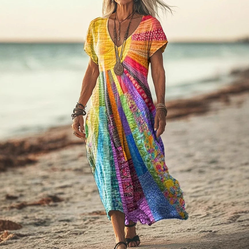 Colorful Sun Collage Art Print Short Sleeve Comfy Casual Maxi Dress
