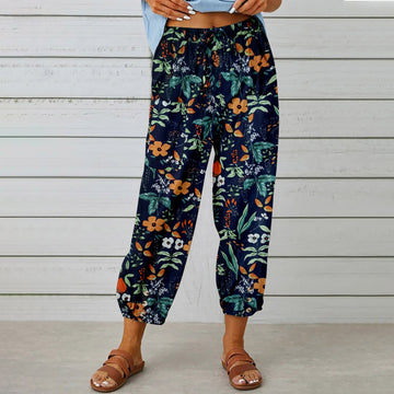 Pocket Loose Drawstring High Waist Retro Print Pants