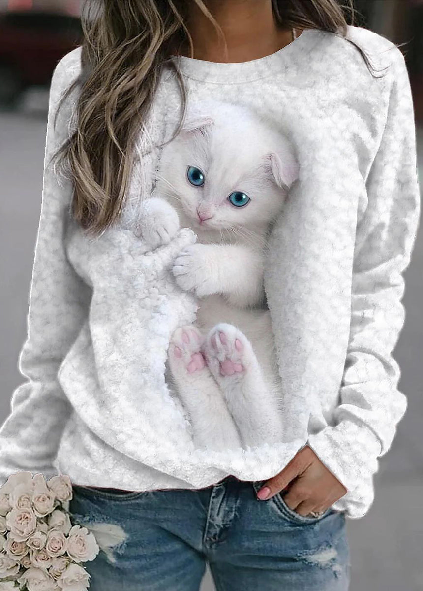 Animal Print Loose Fit Long Sleeve Round Neck T-Shirt