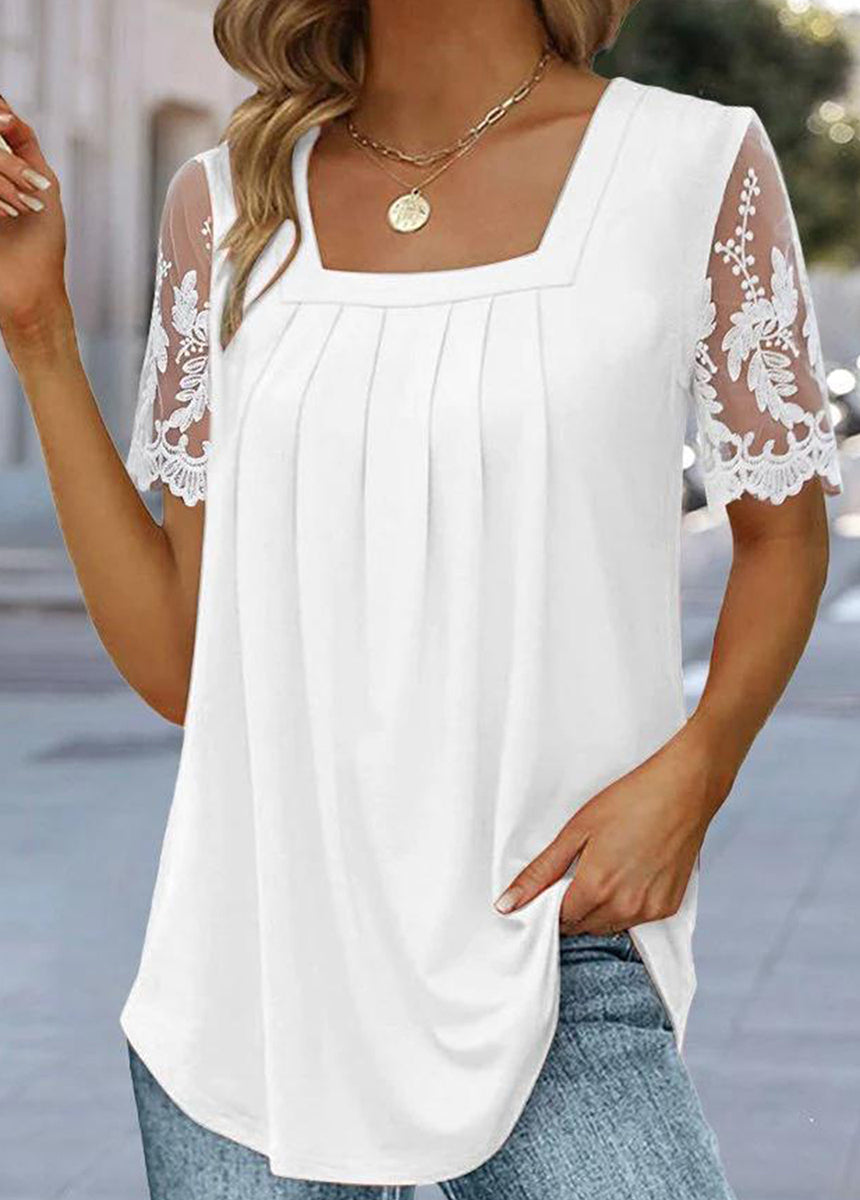 Women's Plain Lace Short Sleeve Casual Square Neck T-Shirt