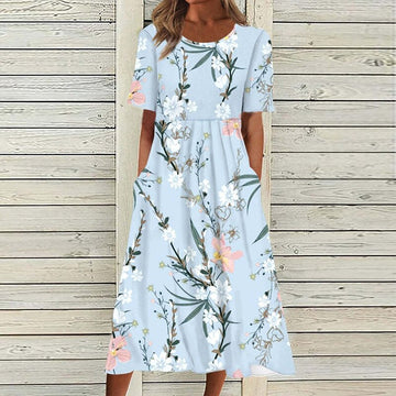 O Neck Pocket Print Short Sleeve Loose Midi Dress