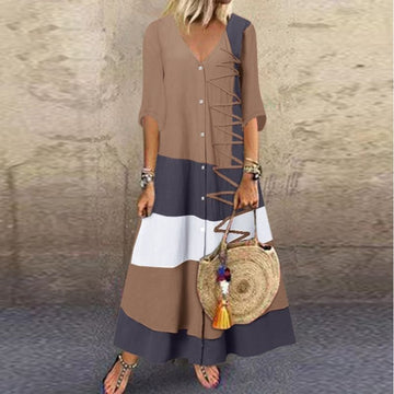 Casual Retro Print Short Sleeve Loose Maxi Dress