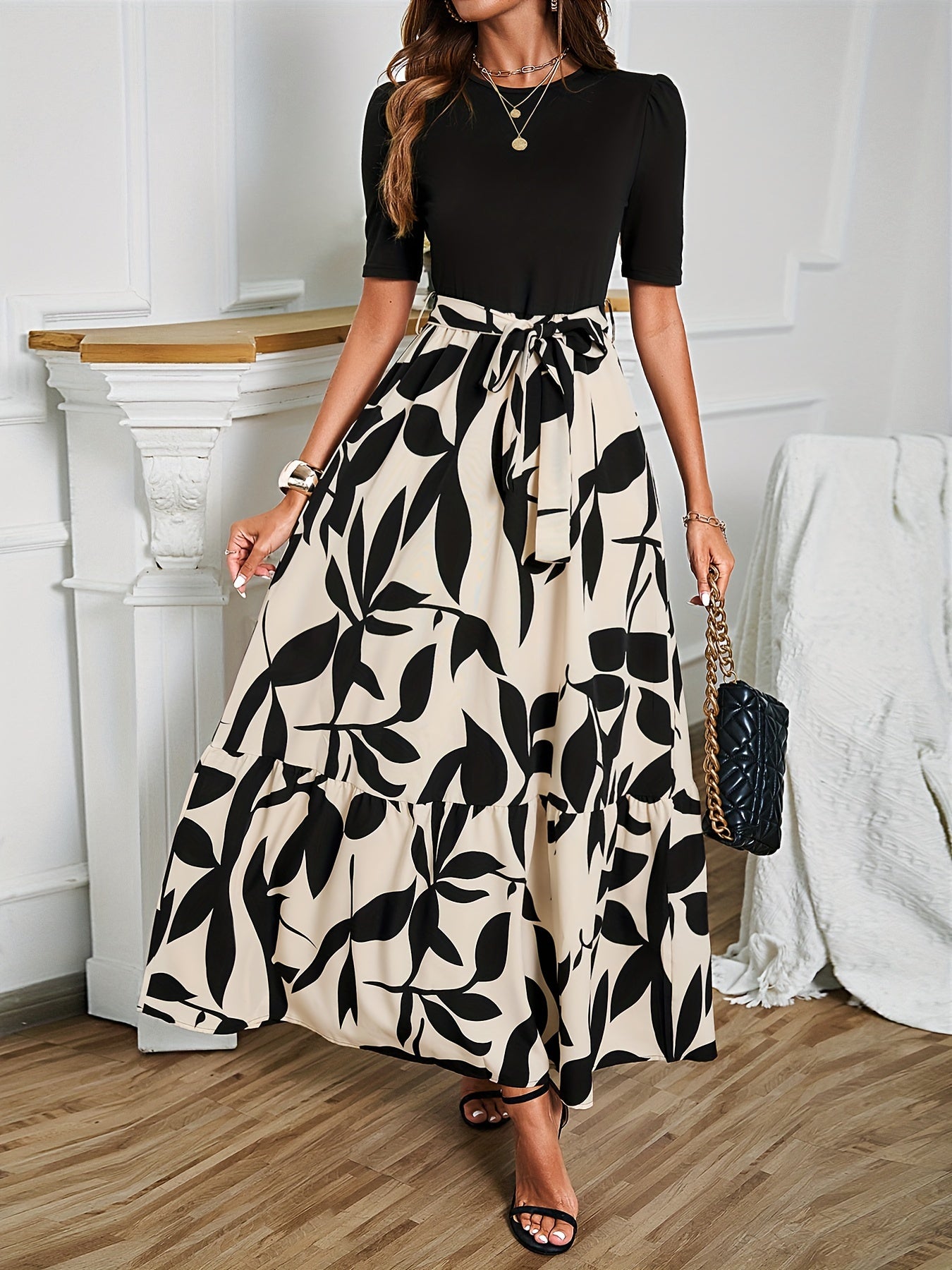 Floral Print Crew Neck Dress, Elegant Short Sleeve Dress